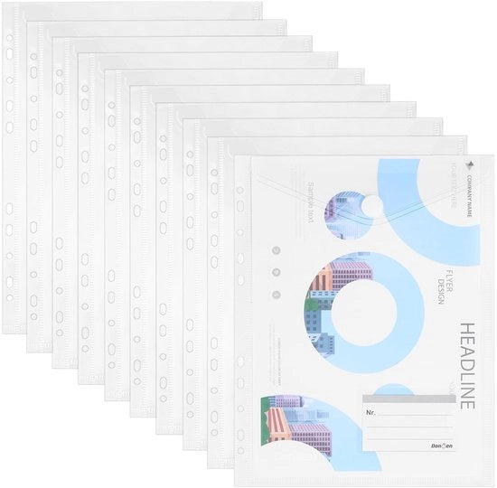 Documentenmap A4, 10 pezzi, formato verticale, 11-gaats bordo, chiusura con elastici e riquadro per etichetta, documenti impermeabili (trasparente)