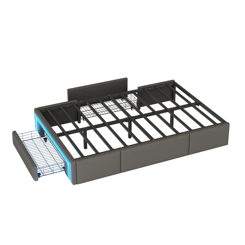 Letto con cassetti 90×200 cm 1 posto; barra LED; contenitore; senza materasso; in PU grigio