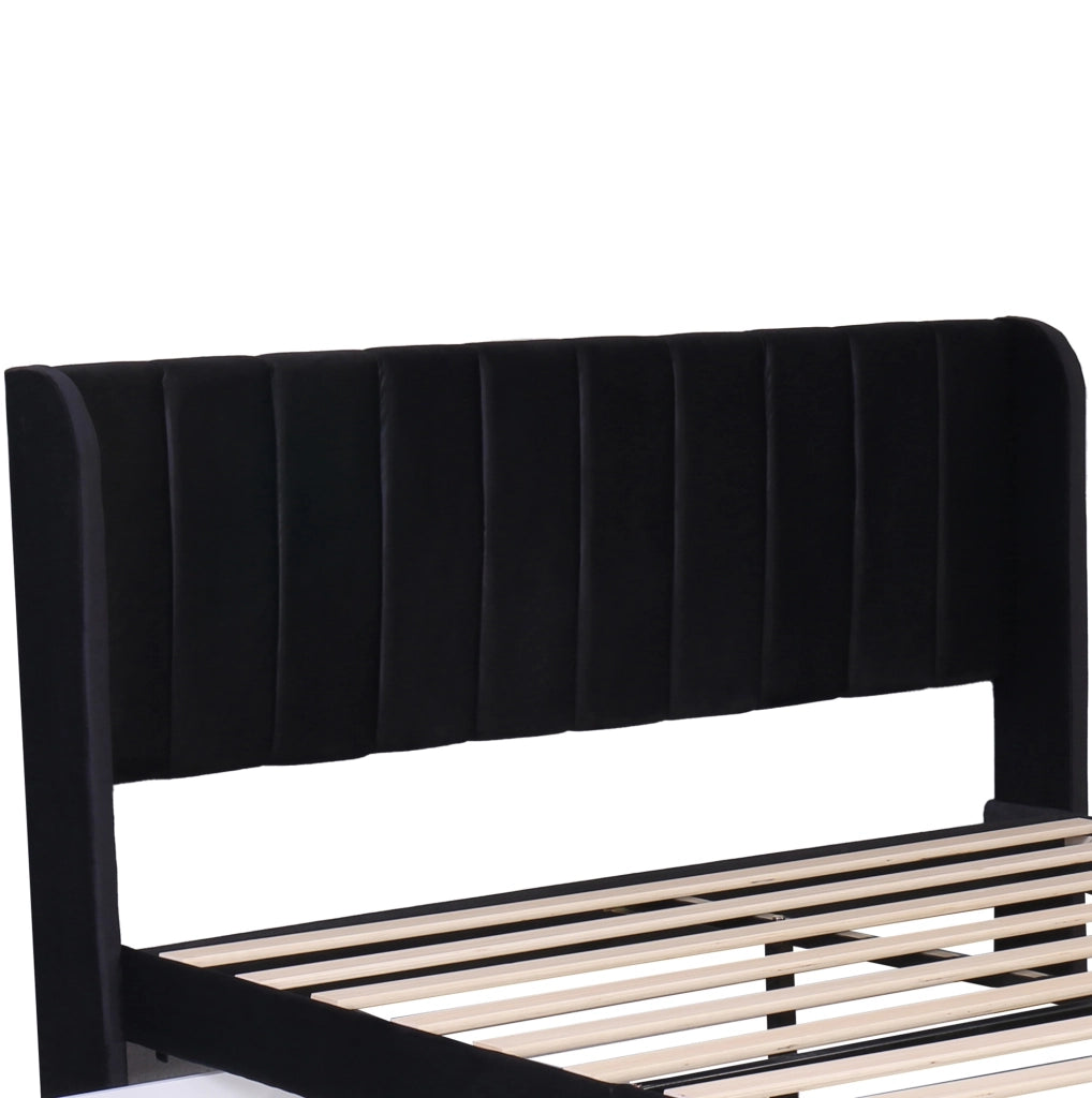 Letto imbottito in velluto nero 140x200 cm con rete a doghe e 2 cassetti