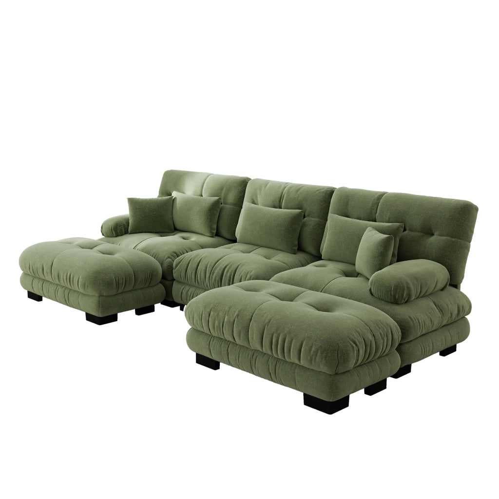 Divano modulare angolare a u con ottomani in chenille verde, seduta profonda e cuscini decorativi