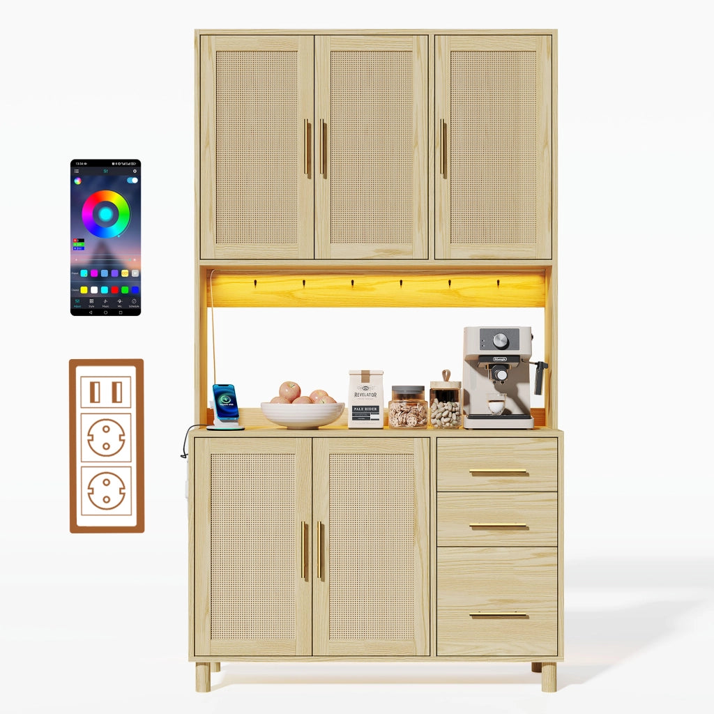 Mobile Dispensa 100x40x183 cm Effetto Legno con LED App; 2 Prese; 2 USB; 3 Cassetti e Ante Rattan