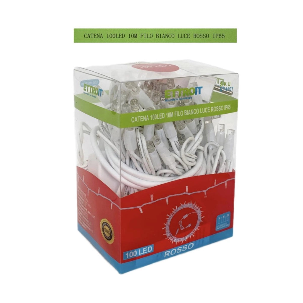 Luci Natale Catena Luminosa 100 LED 10 Metri Filo Bianco Luce Rossa Flesh Bianco Esterno IP65