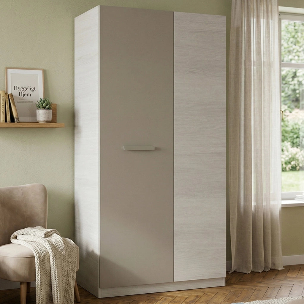 Guardaroba Alpine, Armadio per camera da letto a 2 ante battenti, Mobile con 3 ripiani e barra appendiabiti, cm 90x52h200, Bianco e Marrone