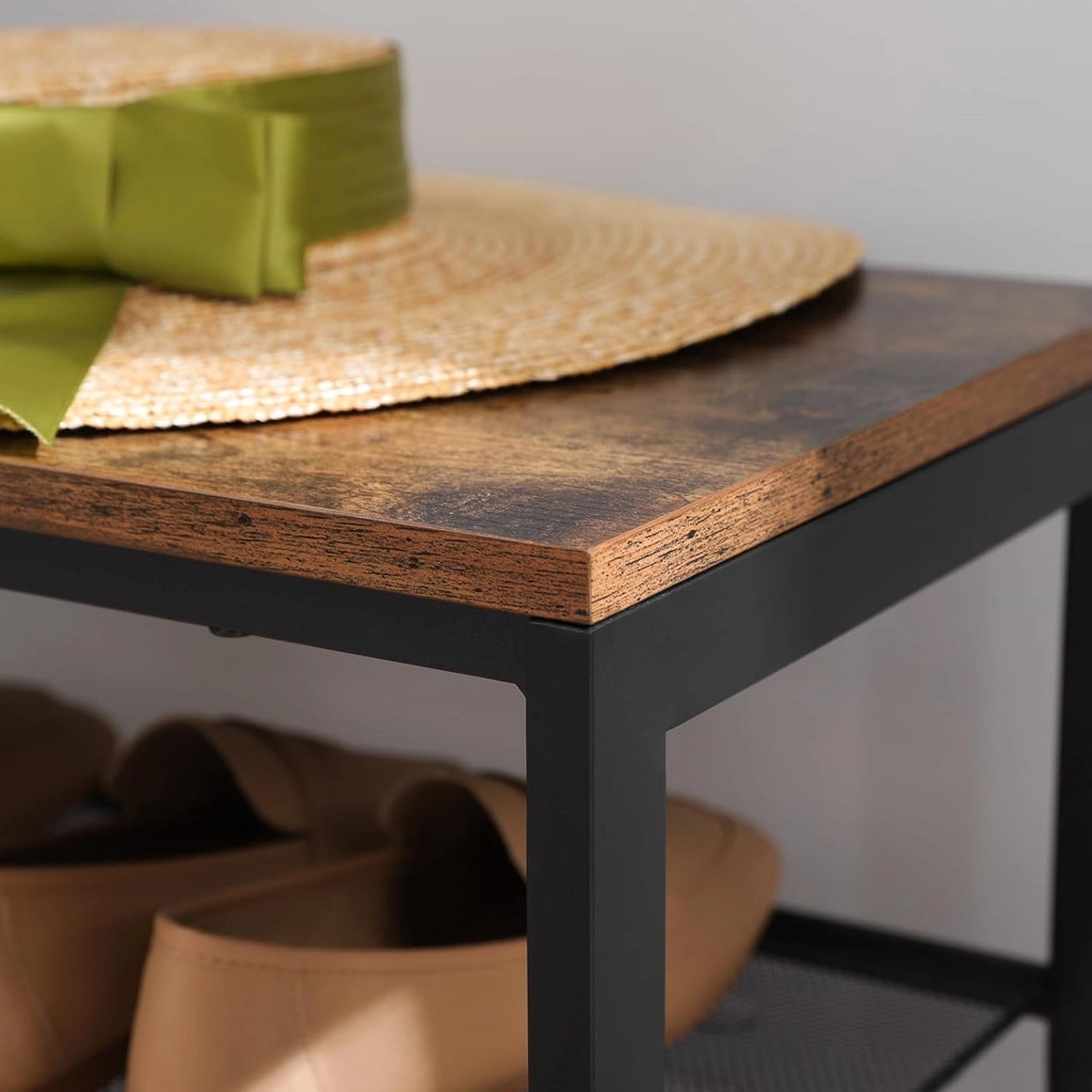 VASAGLE Panca Scarpe, 80 x 30 x 44,5 cm, scarpiera a 2 livelli in rete, portaoggetti Scarpe, per ingresso, metallo, stile industriale, marrone rustico e nero LBS74X