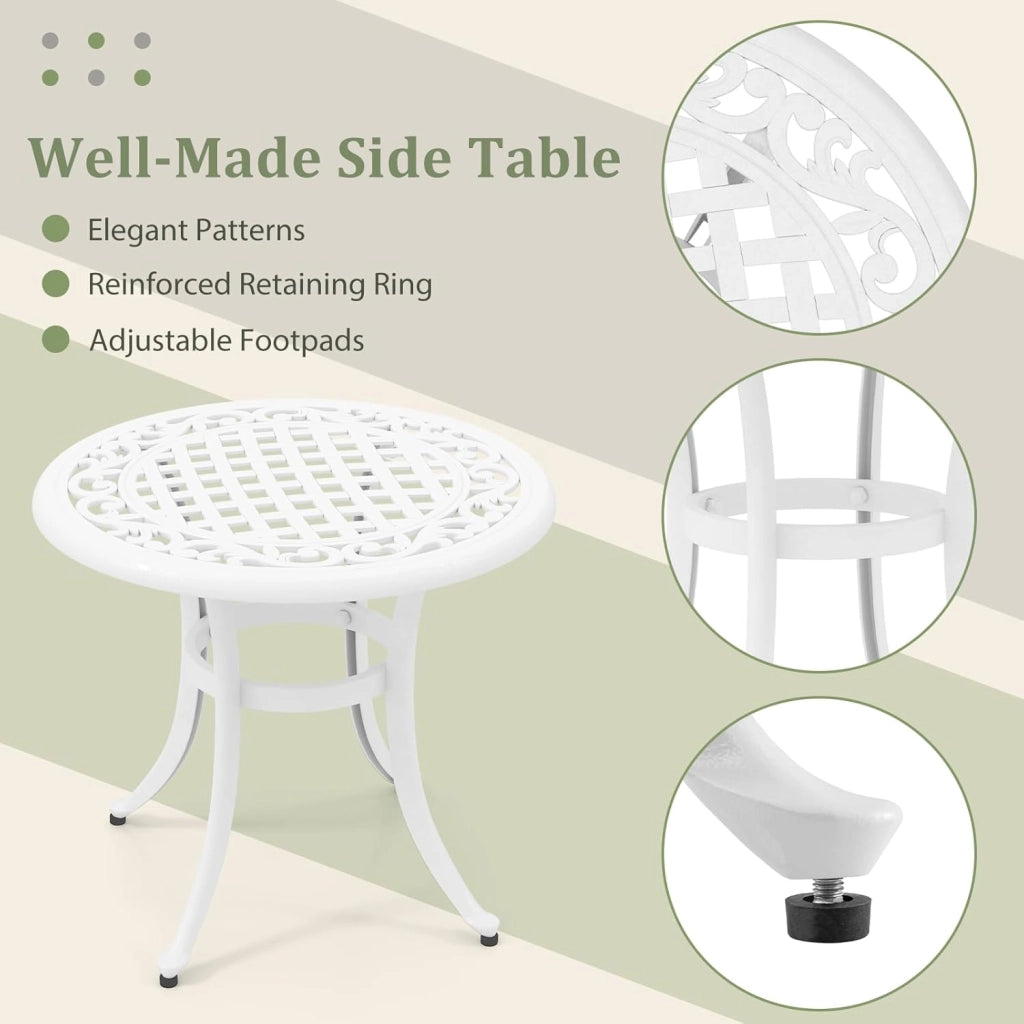 Tavolo da giardino resistente alle intemperie, in alluminio pressofuso, rotondo, con piedini regolabili, 60 x 60 x 53 cm, per giardino, Bianco