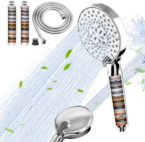 Douchekop 30 strati con filtro, doccia ad alta pressione con tubo, 9 tipi di fasci di luce, douchekop per acqua dura, resti di cloro, batteri, metalli pesanti, risparmio d'acqua con filtrazione.