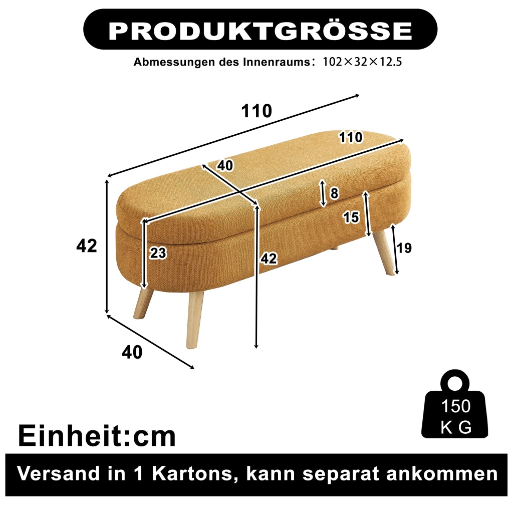 Panca contenitore con scomparto di stoccaggio in chenille gialla per camera da letto ingresso e soggiorno 110 cm