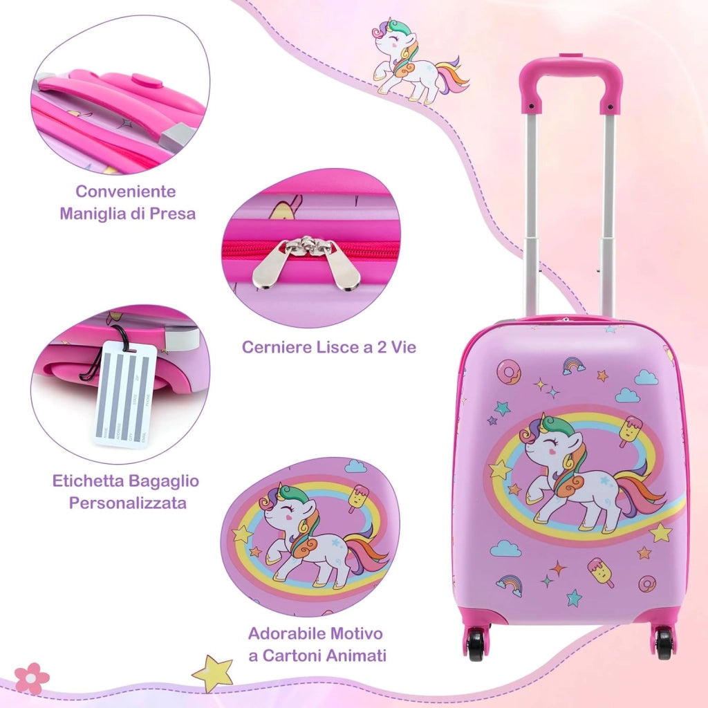 5 Pezzi Valigia per Bambini, Valigia con ManicoTelescopico da 16" con 13" Zainetto, Cuscino per Il Collo, Etichetta per Bagaglio, Borsa per Il Pranzo, con Ruote Girevoli a 360 ° (Modello 1)