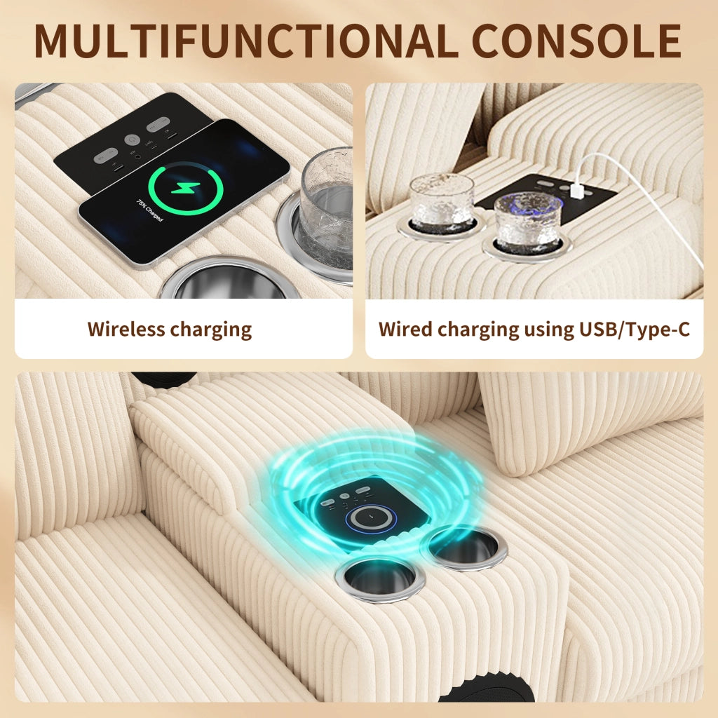 Divano modulare ad angolo con audio Bluetooth, console, ricarica wireless, USB e portabicchieri, Corduroy Beige