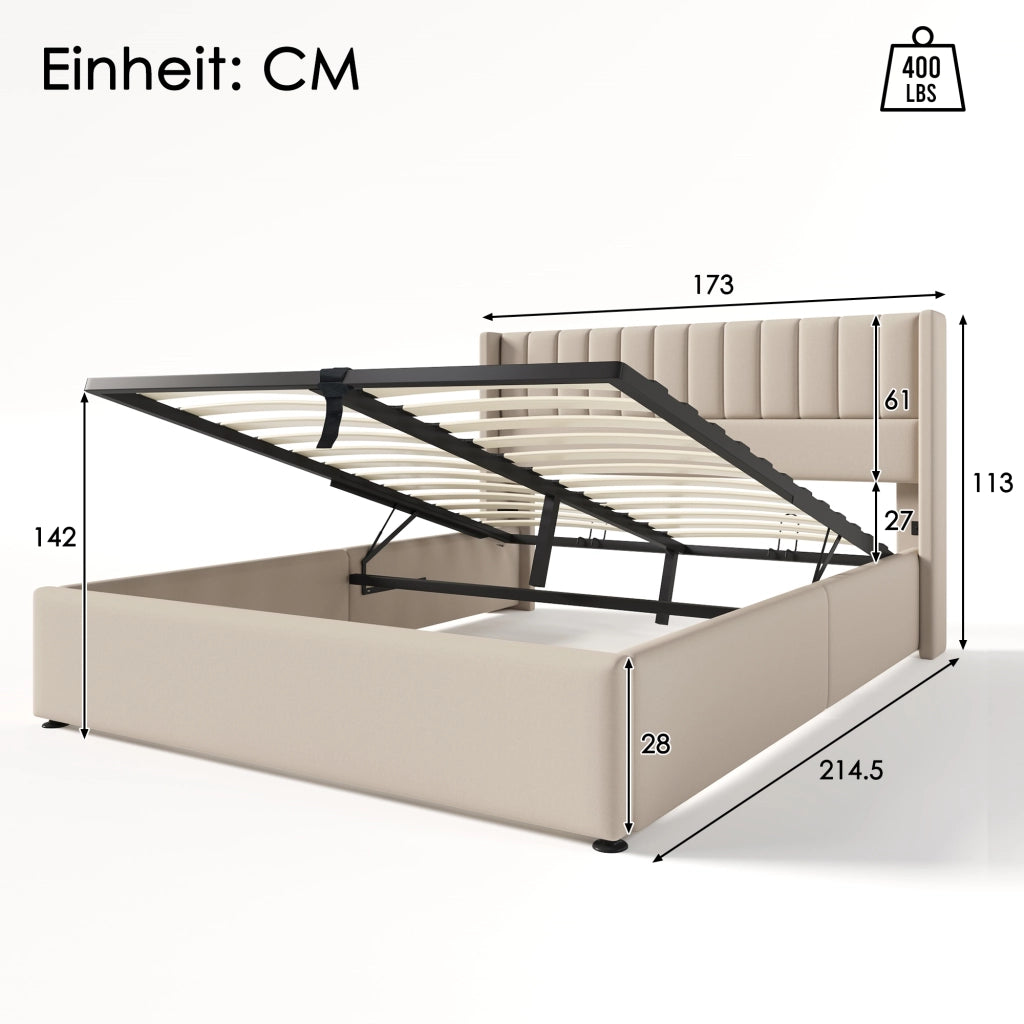 Letti contenitori 160x200 cm; idraulico; lino; beige (Senza materasso)