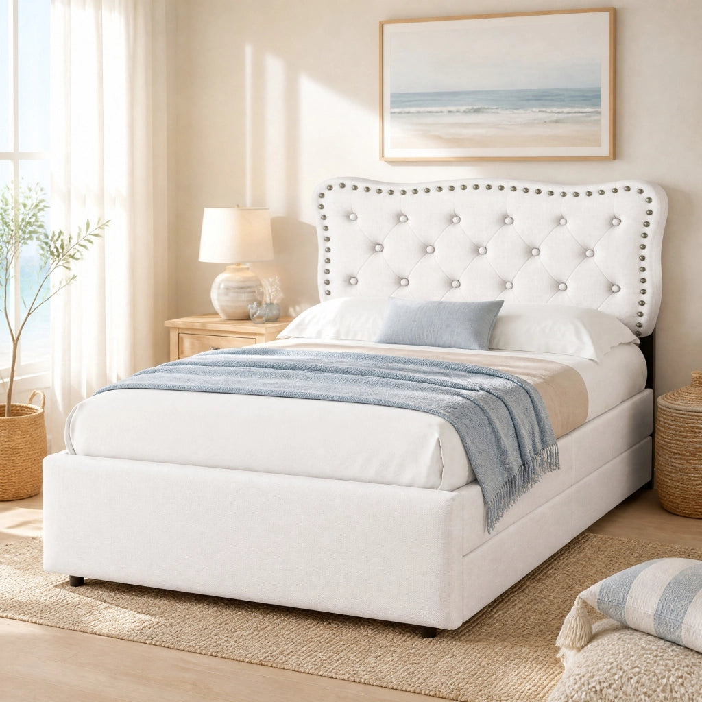 Letto imbottito 90x200 cm con 2 cassetti, beige chiaro