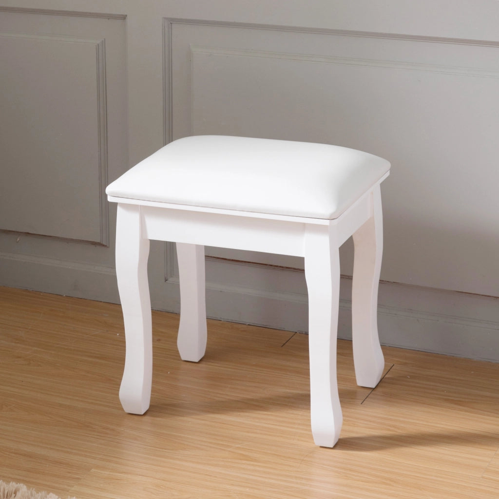 Pouf da camera Sgabello trucco con gambe in legno massiccio e piedini antiscivolo, Bianco