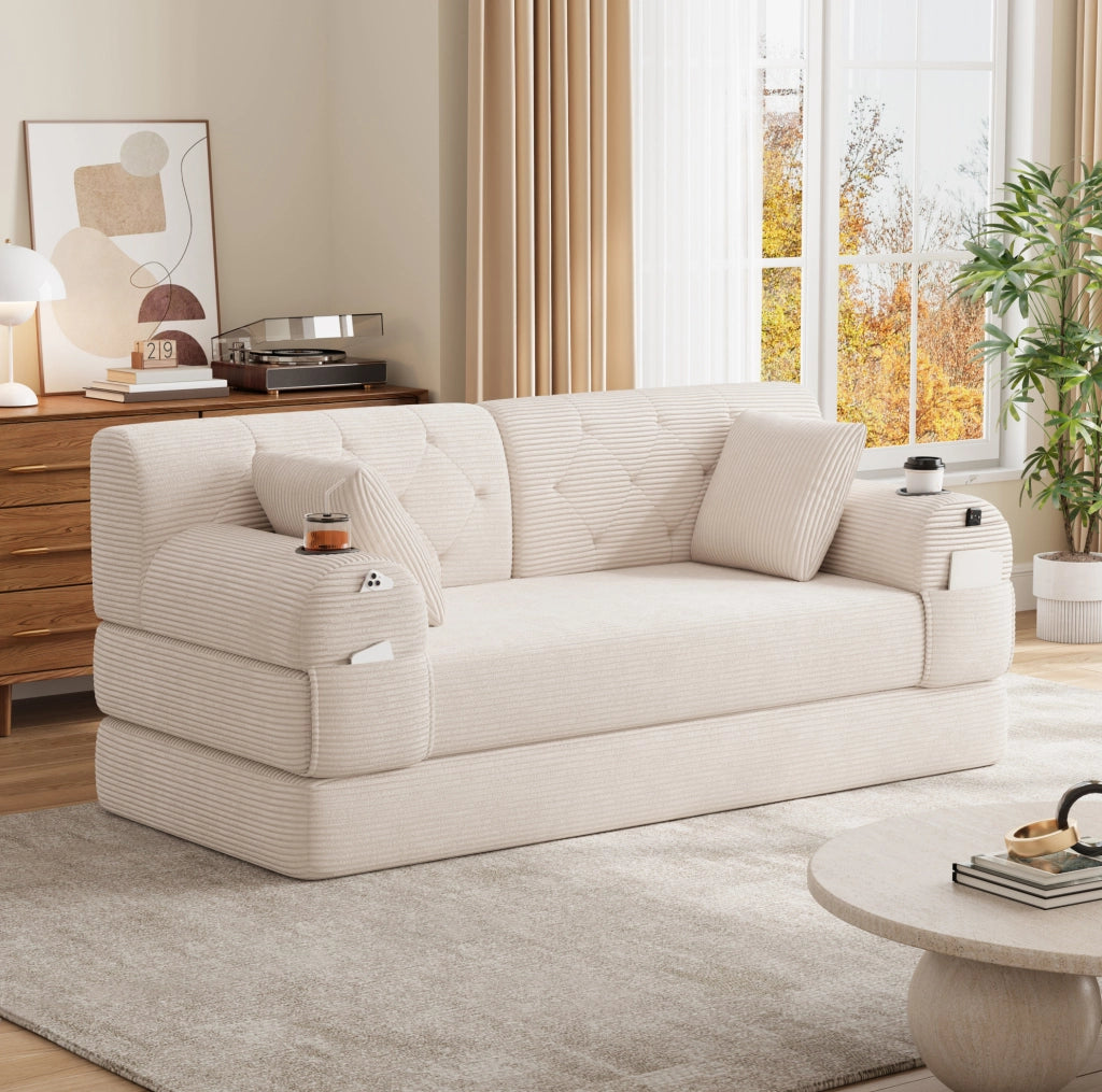Divano letto in velluto a coste beige con tasche e portabicchieri