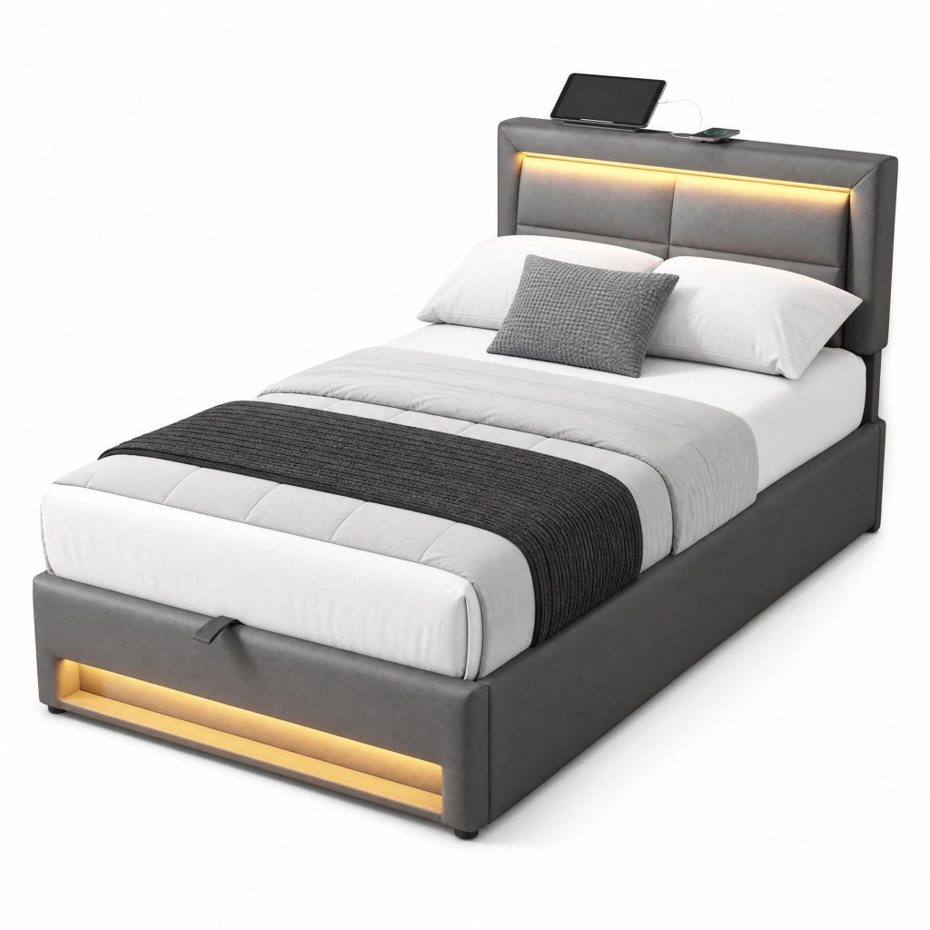 Letto imbottito 90 x 200 cm con USB, illuminazione LED e spazio contenitore, senza materasso, PU, grigio