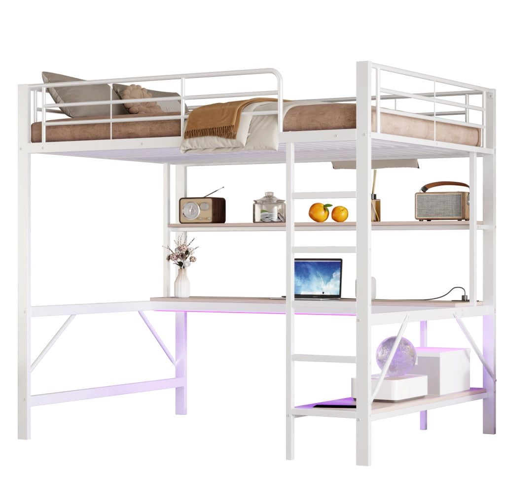 Letto a soppalco 140x200 cm con LED; scala e scrivania in metallo e MDF bianco