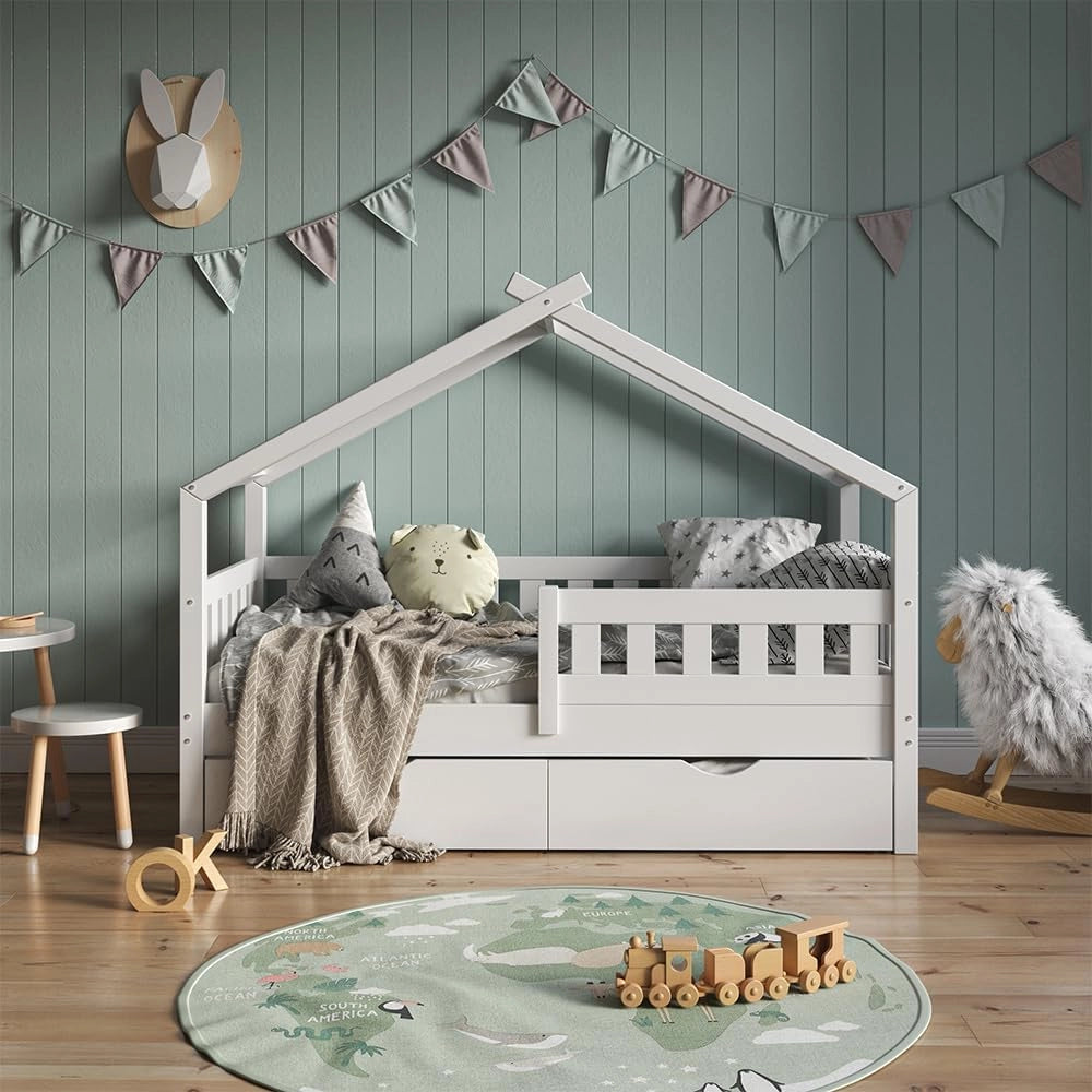 Letto montessori bambini Design, Bianco, 80x160 cm con letto per ospiti, adatto come area giochi e zona notte per bambini