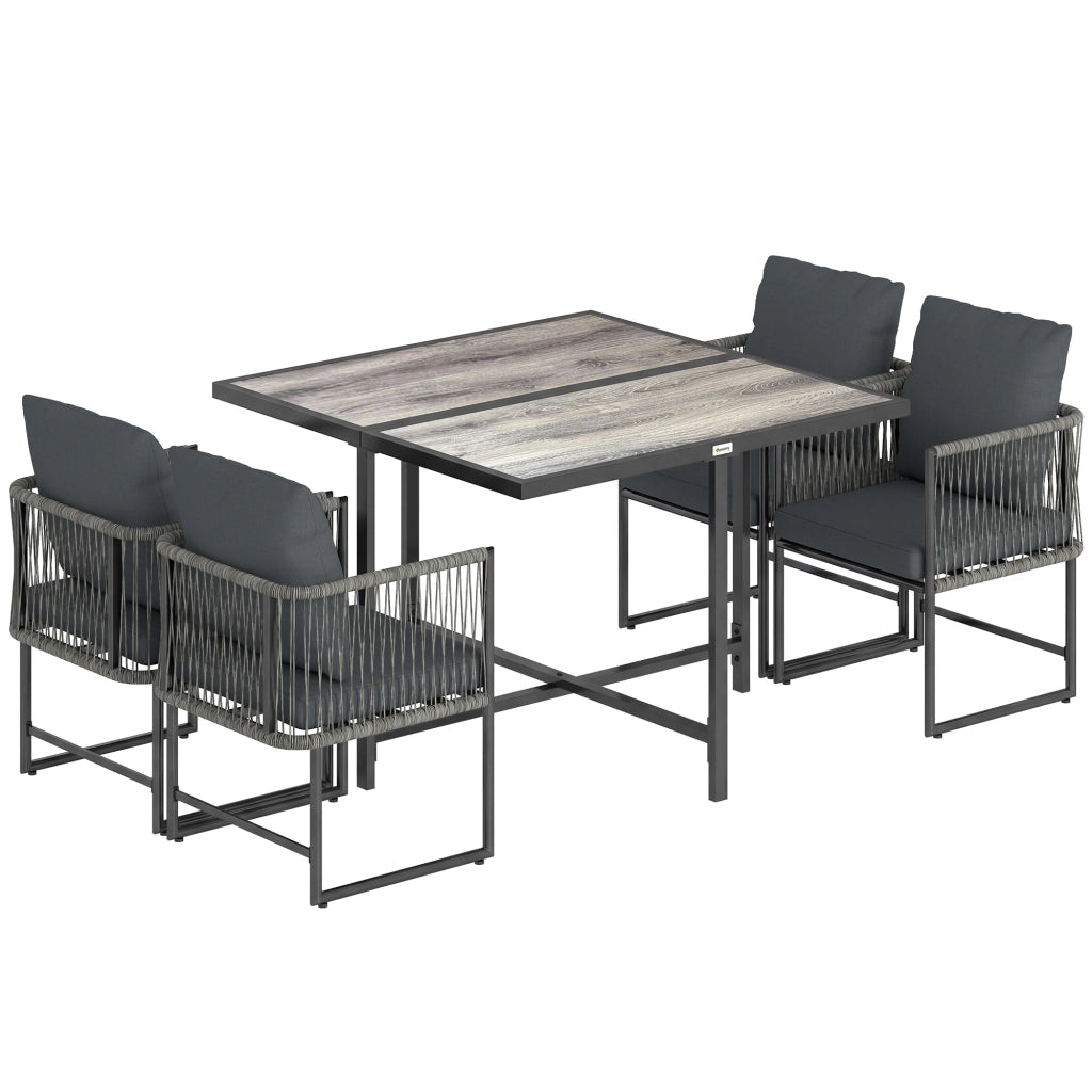Set di mobili da giardino in polirattan a 5 pezzi; tavolo e 4 sedie; piano DPC; cuscini grigi; risparmio spazio