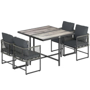 Set di mobili da giardino in polirattan a 5 pezzi; tavolo e 4 sedie; piano DPC; cuscini grigi; risparmio spazio