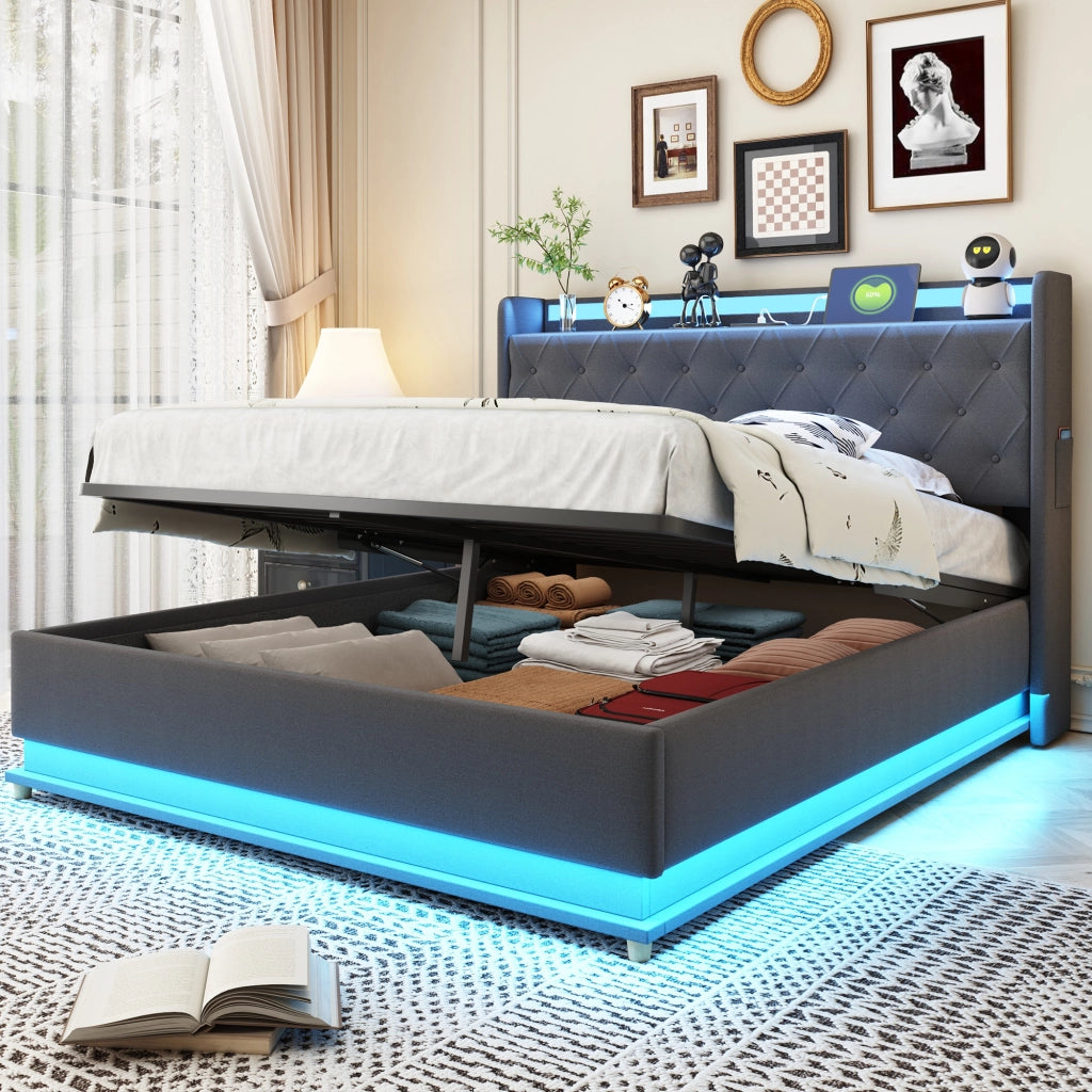 Letti contenitori 140x200 cm; luci LED multicolore e USB; tessuto grigio