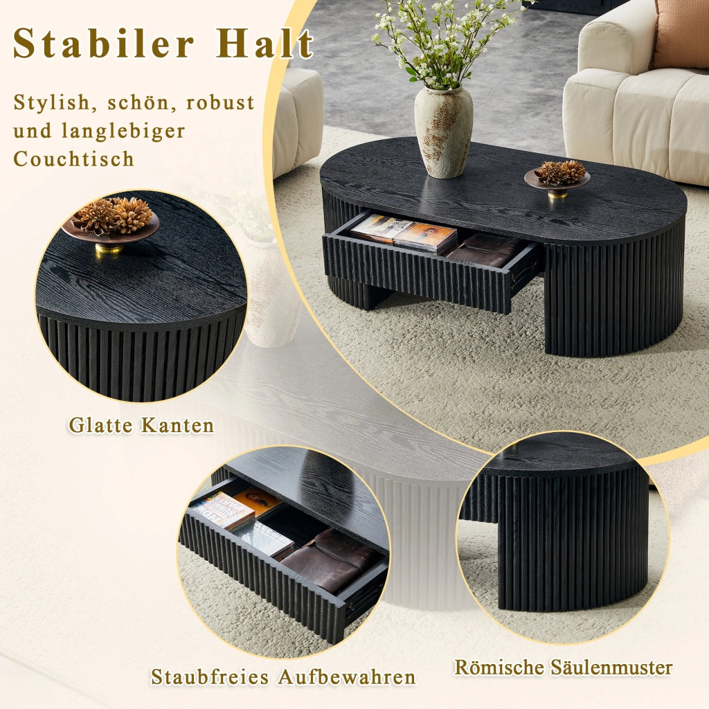 Tavolino basso ovale con cassetto e vano aperto, rivestimento a scanalature, per soggiorno, nero 118 × 65 × 17 cm