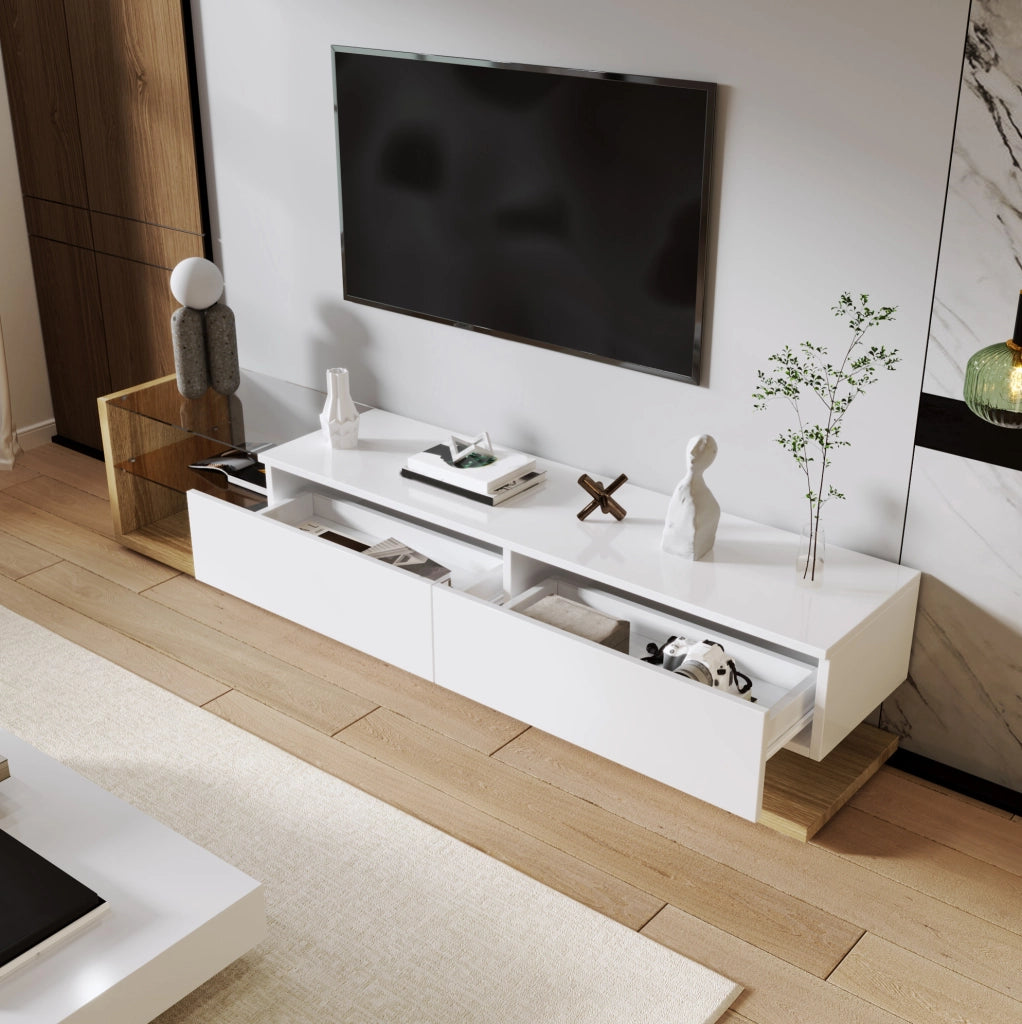 mobile TV basso 170 cm bianco lucido e legno con LED regolabile