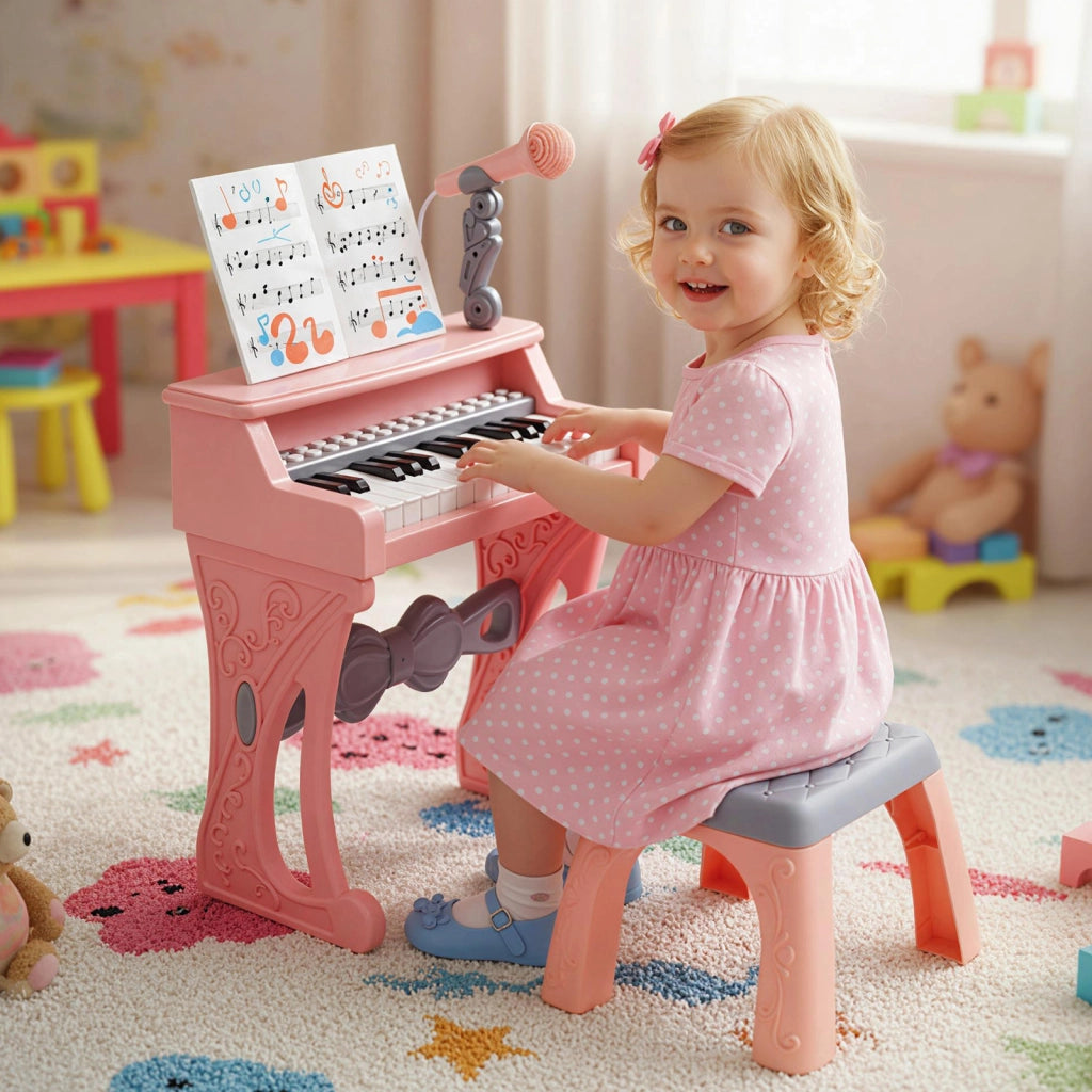 Mini tastiera pianoforte bambini 25 tasti sgabello leggio microfono elettrico-Tastiera musicale giocattolo 3+ anni natale compleanno Rosa