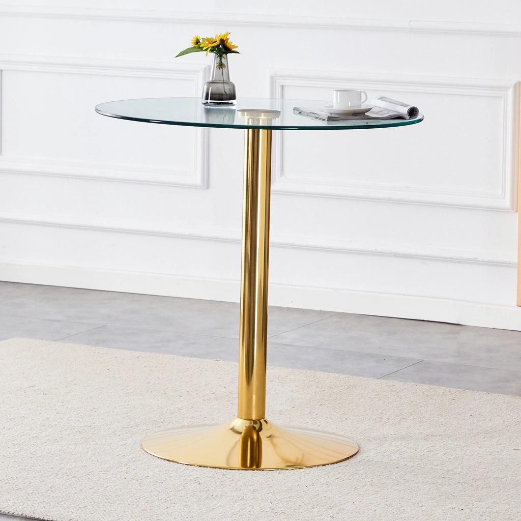Tavolo da bar rotondo con piano in vetro trasparente e base in metallo, per casa e locali, oro trasparente, Ø 89 × 92 cm