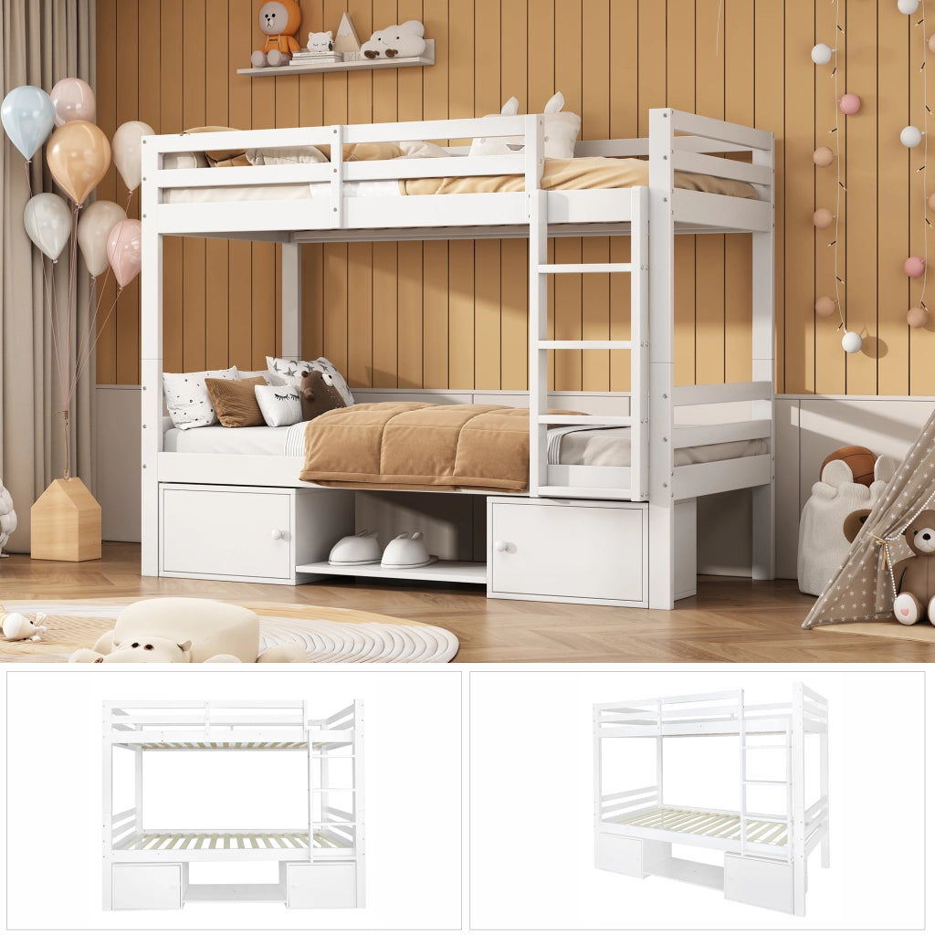 Letto a Castello 90x200 cm - con Scaffale; Armadio; in Legno Massello e MDF - Bianco