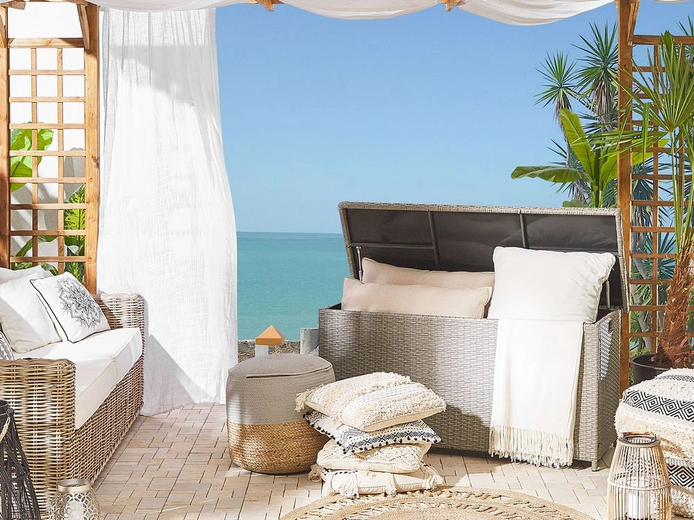 Cesta baule portaoggetti per esterni Cuscino da giardino in finto rattan beige 126 x 46 cm