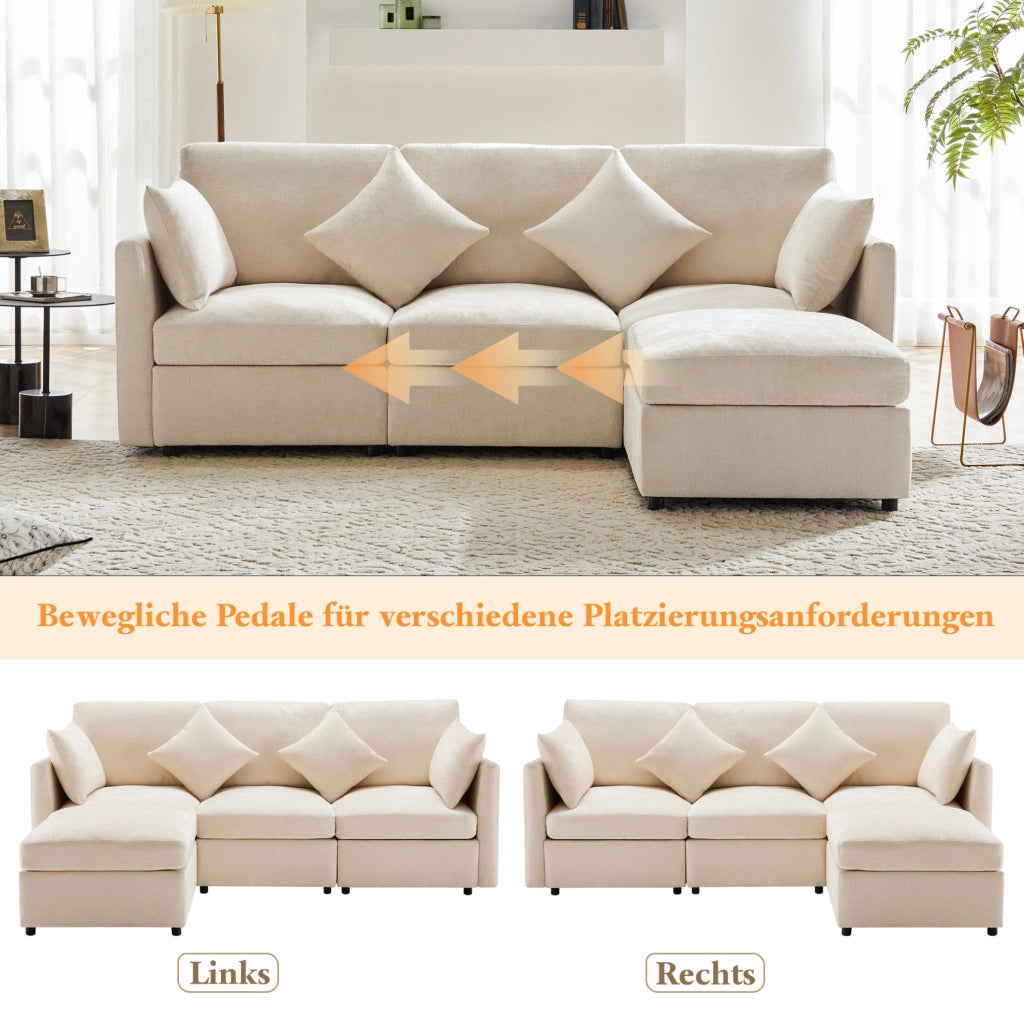Divano modulare 3 posti con pouf mobile e 4 cuscini in ciniglia beige