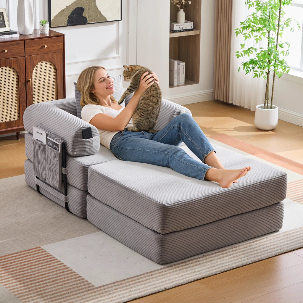 Divano modulare in corduroy grigio chiaro 112x190x67 cm con cuscino e tasca laterale