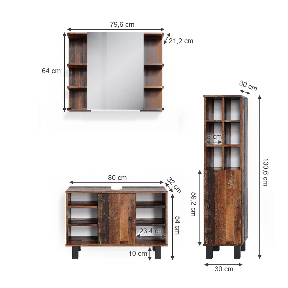 Vicco Set mobili bagno Rovere rustico 3 pezzi, base 80 cm