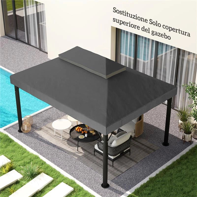 COPERTURA PER GAZEBO DA GIARDINO 3X4 M A 2 LIVELLI IN TESSUTO OXFORD 600D CON FORI DI DRENAGGIO, GRIGIO SCURO