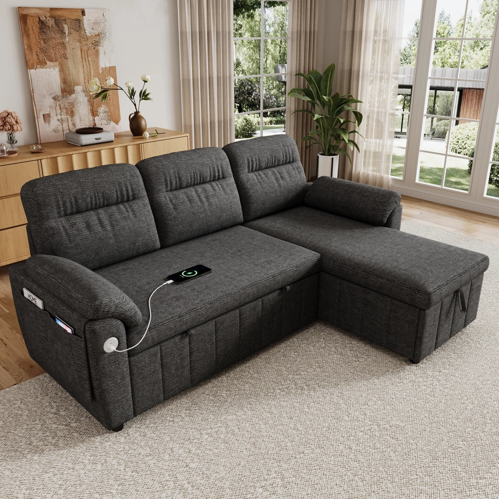 DIVANO ANGOLARE L 208x131x88 cm in ciniglia grigio con funzione letto