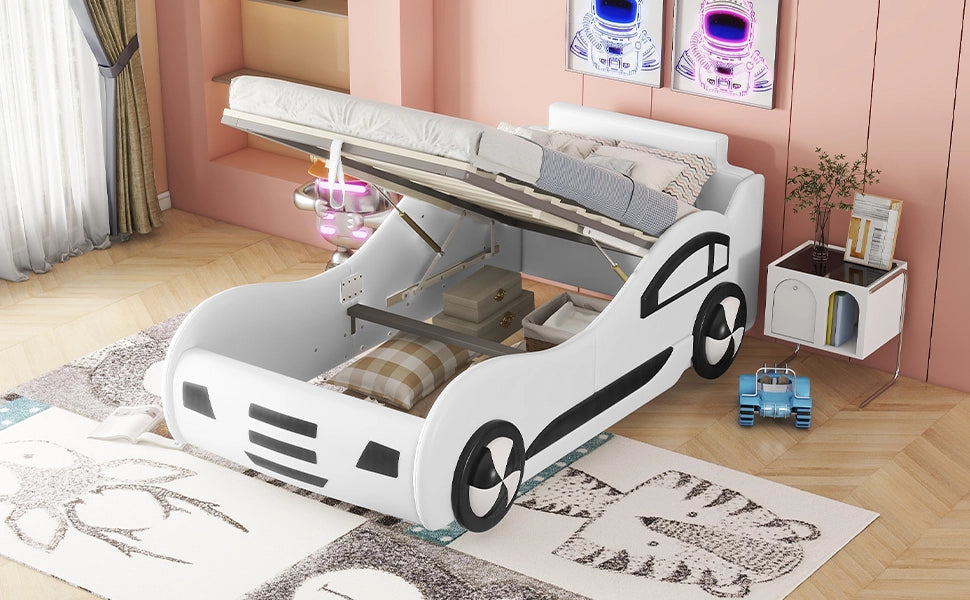 DESMIU Letto per bambini 1 posto con vano idraulico, 90 × 200 cm, senza materasso, in PU e MDF, bianco