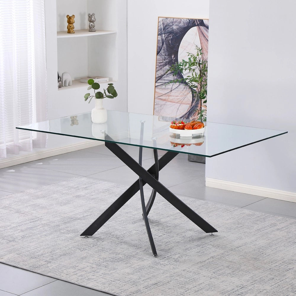 Tavolo da Pranzo Peyton 160×90 cm in Vetro Temperato con Gambe Incrociate Nere