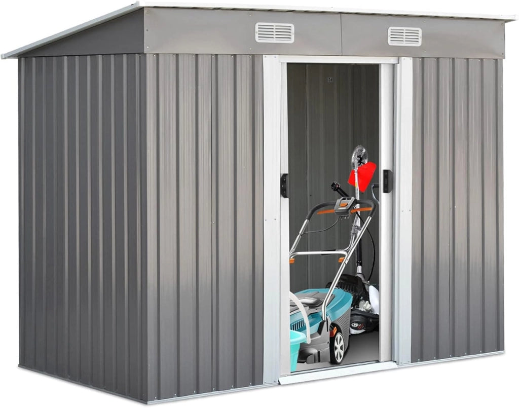 Casetta da Giardino Porta Attrezzi in Lamiera Acciaio Zincato, con Sfoghi, Ante Scorrevoli e Maniglie, Capanno da Esterno per Cortile, Giardino e Fattoria, 238 x 131 x 181 cm