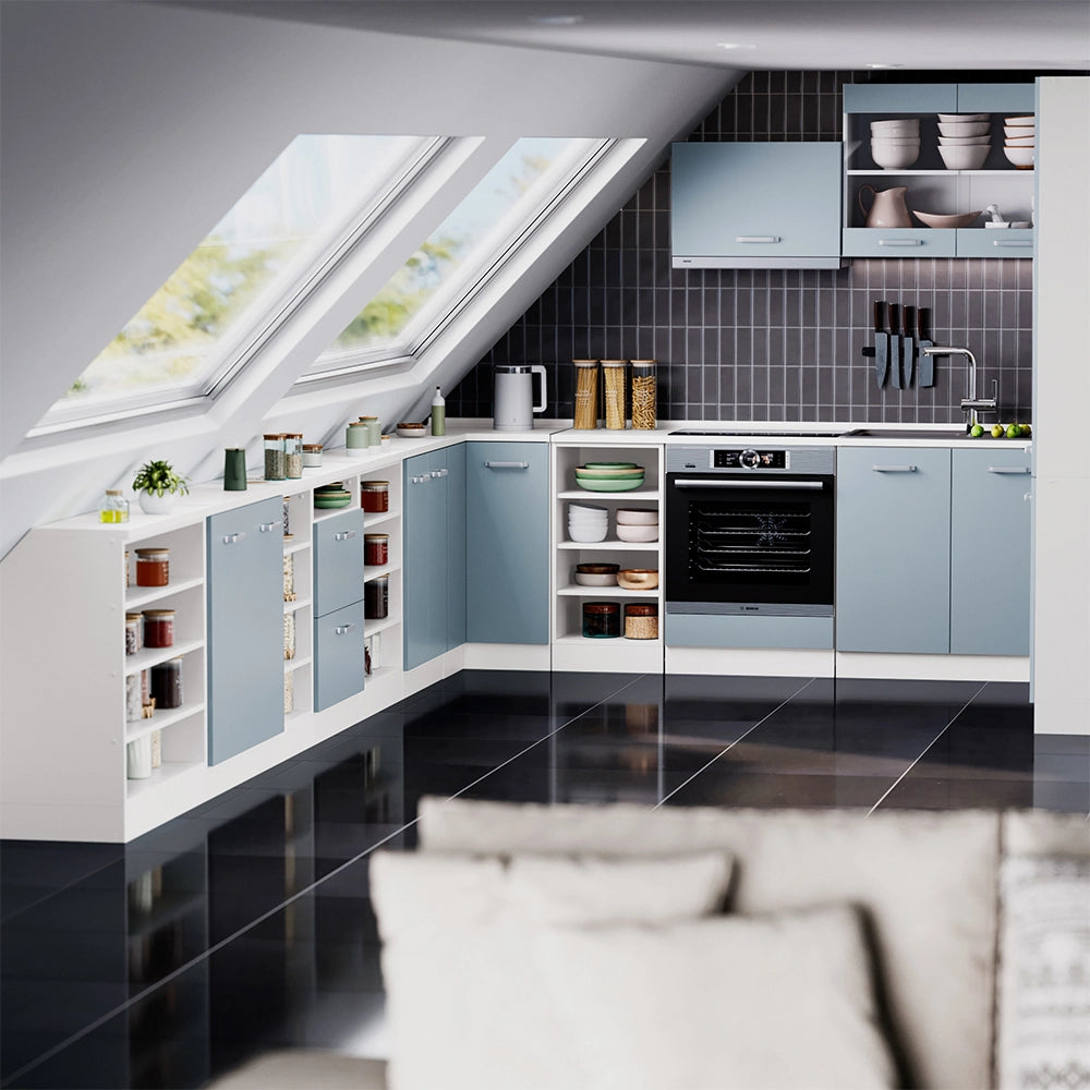 Mobile cucina sottotetto R-Line Grigio-blu/Bianco 60 cm con 2 porte, carcassa 60 cm profondità Vicco