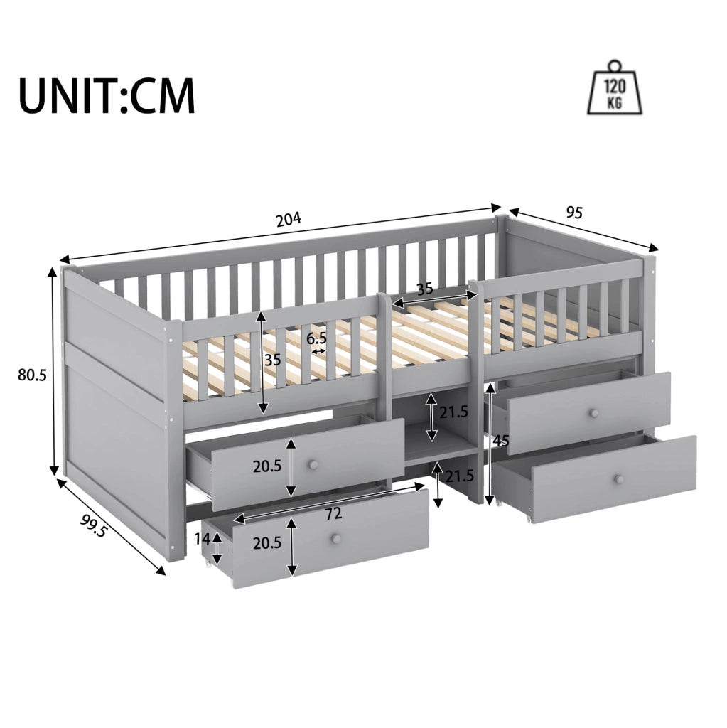 Letto semidivano 90x200 cm con 4 cassetti; sponde di sicurezza e scala; grigio
