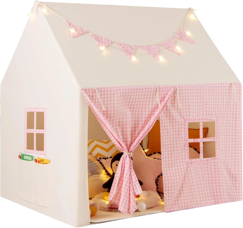 Tenda da Gioco per Bambini, Casetta Tenda da Gioco con Tappetino Imbottito, 2 Finestre Traspiranti e 2 Tasche, Luci a Stella e Bandierine Incluse, Tenda per Bambini 3-8 Anni (Beige)