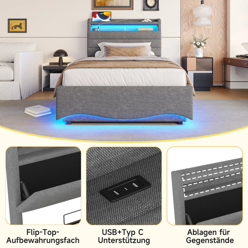 DESMIU Lit 90 × 200 cm con LED, USB, Type-C, vano idraulico, senza materasso, in lino, grigio