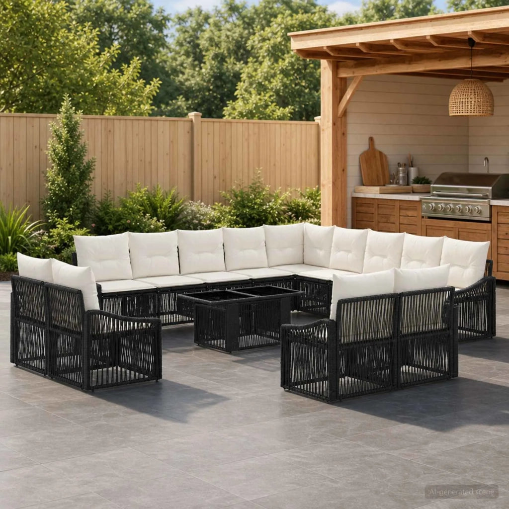 Set Divano da Giardino 14 pz Nero e Bianco Crema polyrattan 3437335