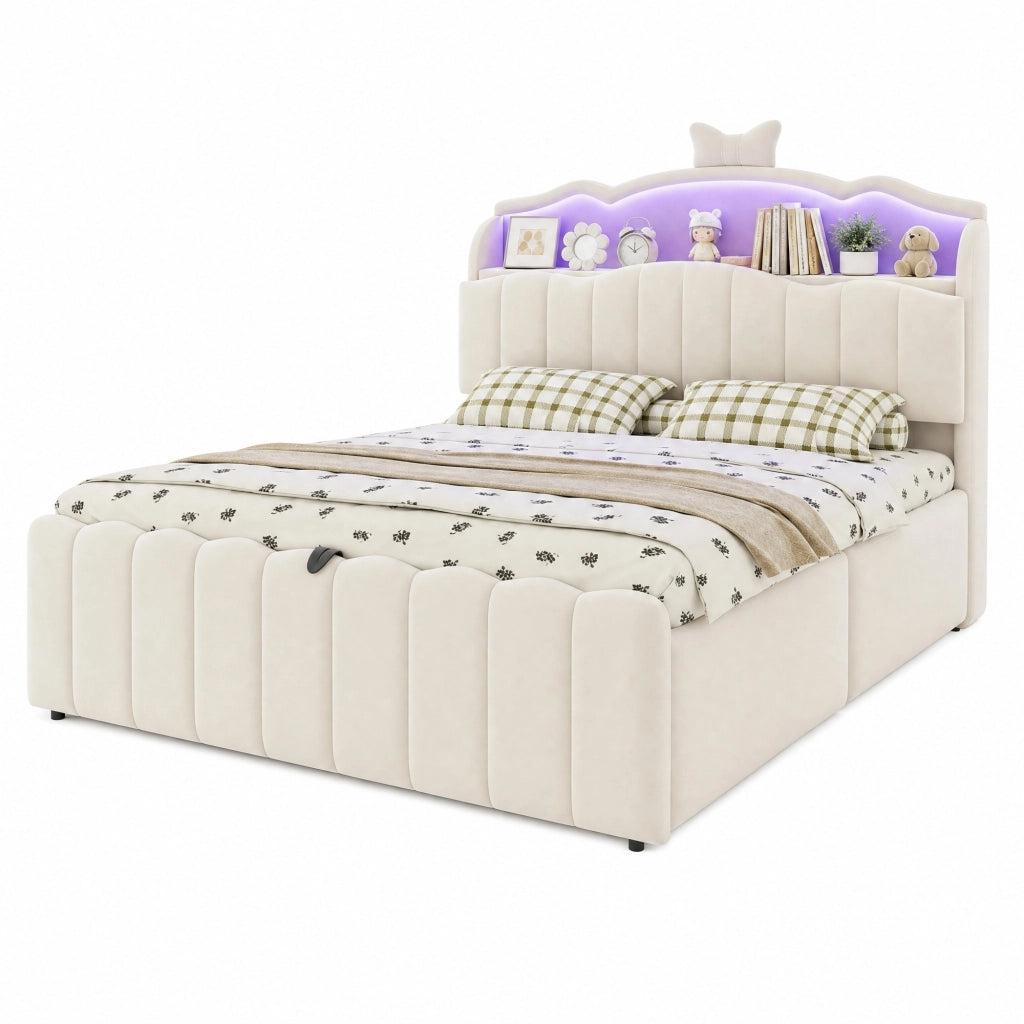 Letto per bambini imbottito 140x200 cm in velluto beige con contenitore; LED e porte USB
