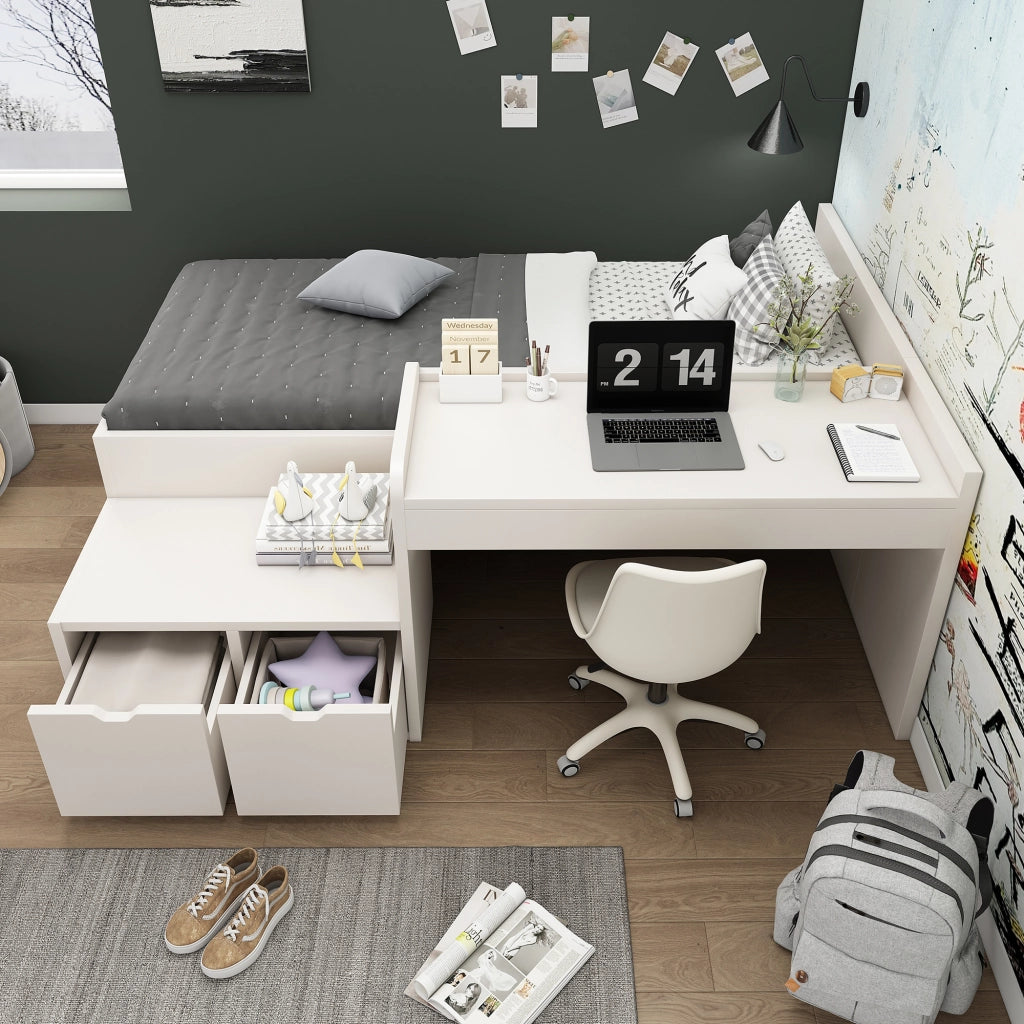 Letto per bambini 90x200 cm con scrivania e 2 cassetti, in legno massello e MDF, bianco