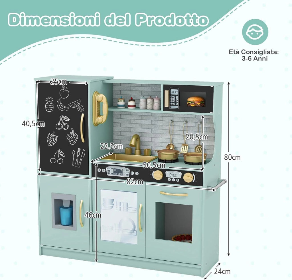 Set da Cucina per Bambini con Lavagna, Telefono, Microonde, Fabbricatore di Ghiaccio, Giocattolo da Cucina in Legno con Accessori e Suoni Simulati per Ragazzi di 3-6 Anni (Verde Menta)