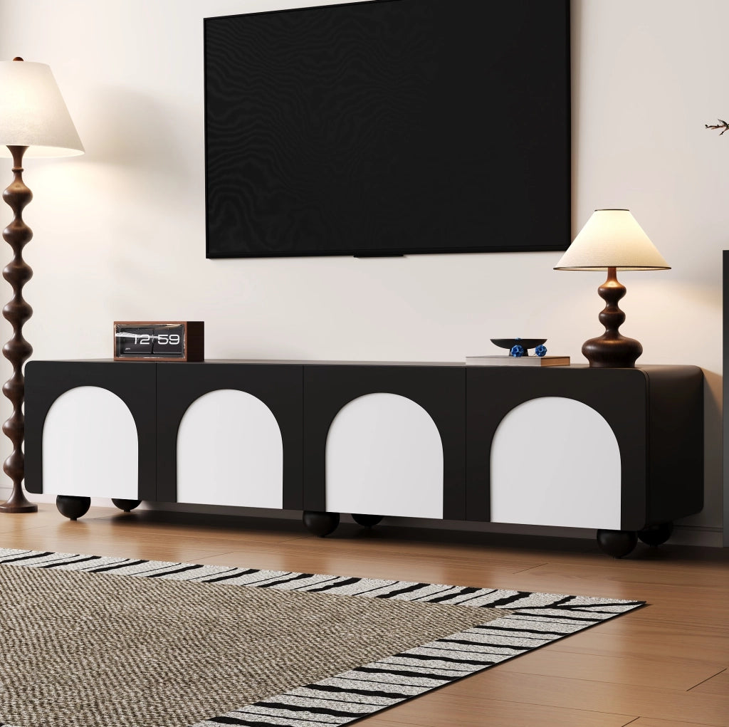 Mobile TV in MDF nero e bianco con 2 cassetti e 2 ante, 180x38x45 cm