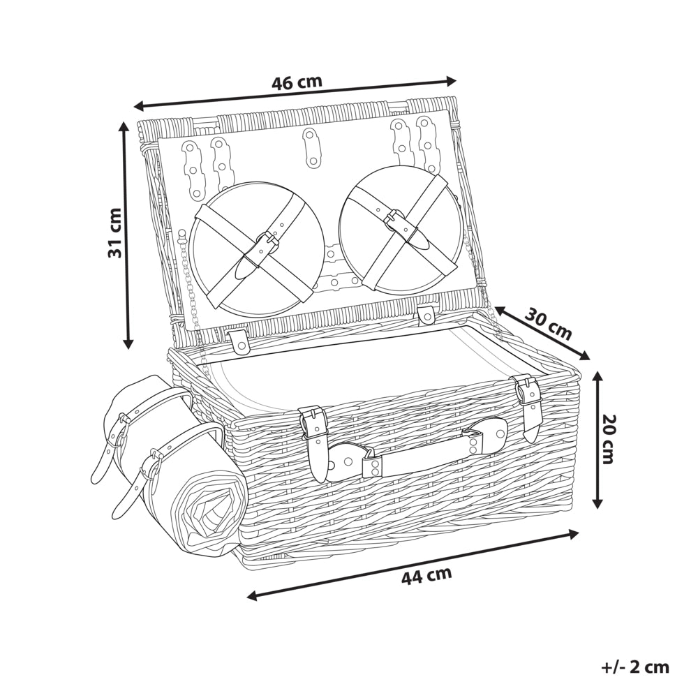 Cesto da picnic per 4 persone in vimini naturale e grigio con set di posate, piatti, bicchieri da vino e borsa termica con cavatappi Coperta inclusa Finitura