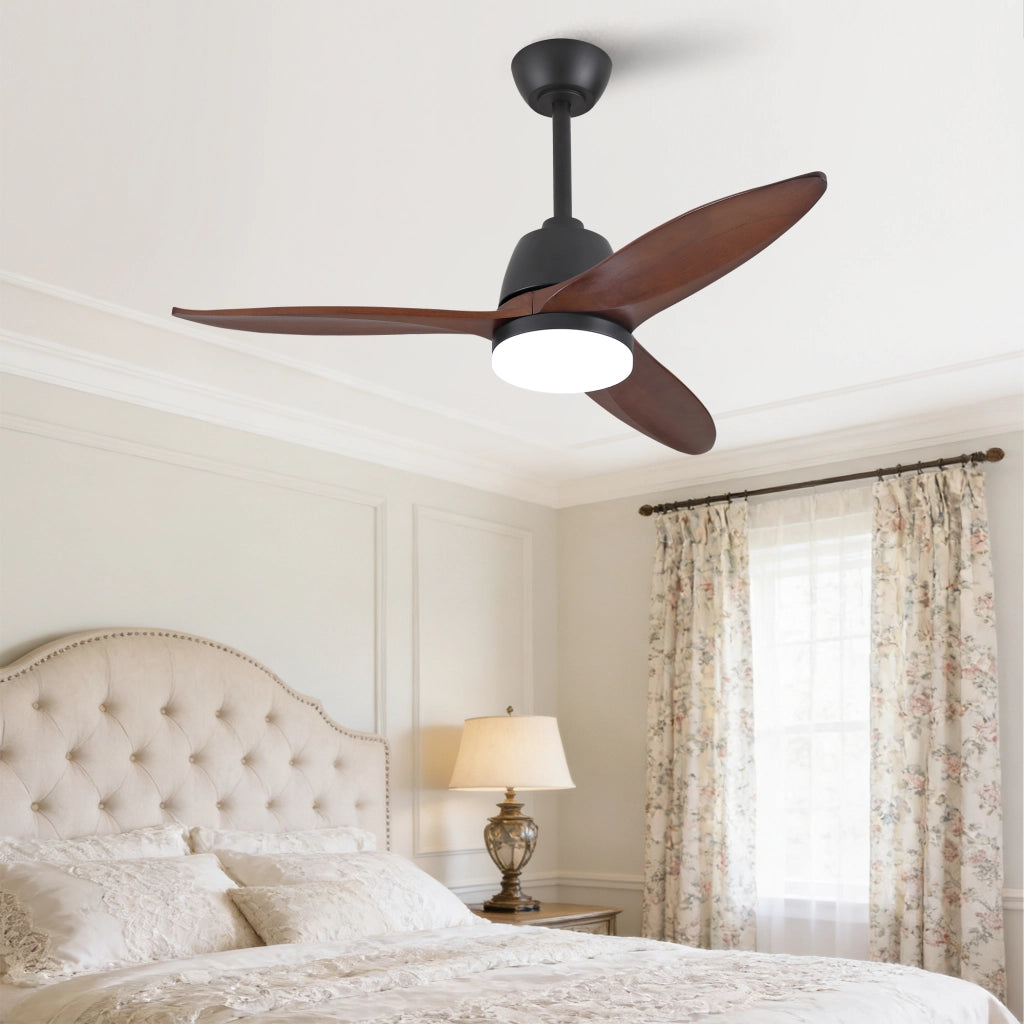 Ventilatore da soffitto nero moderno 42 pollici, dimmerabile 3 tonalit¨¤, pale legno massello, manopola, motore DC reversibile