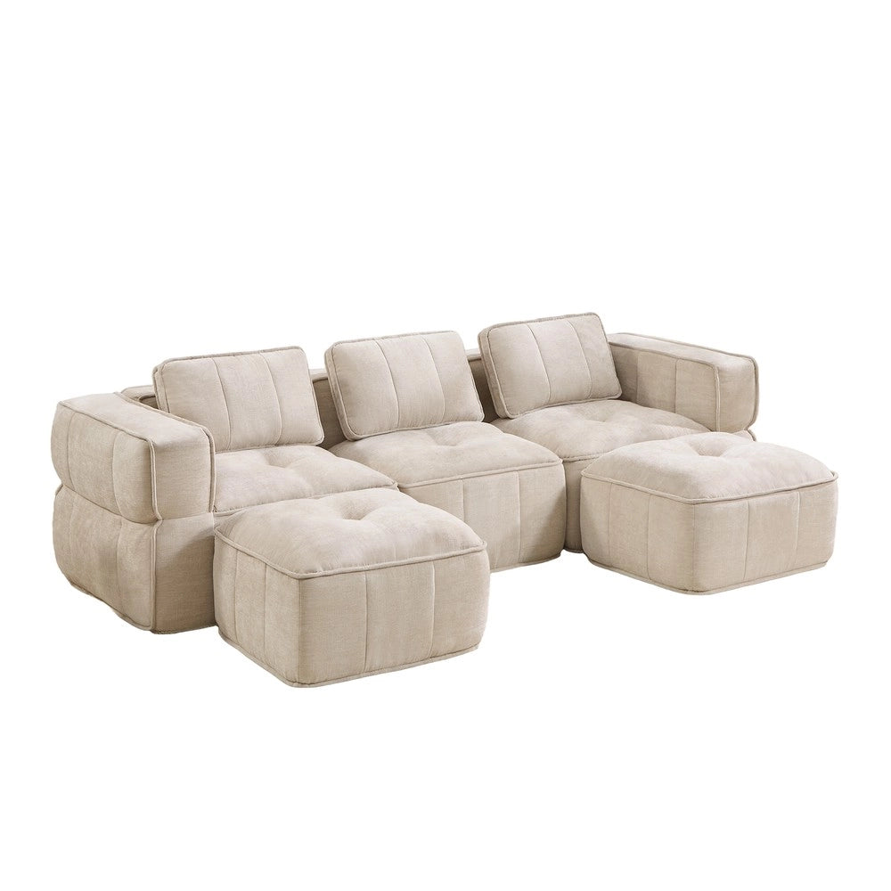 Divano 3 posti modulare con 2 poggiapiedi ¨C Minimal ¨C Beige, tessuto morbido