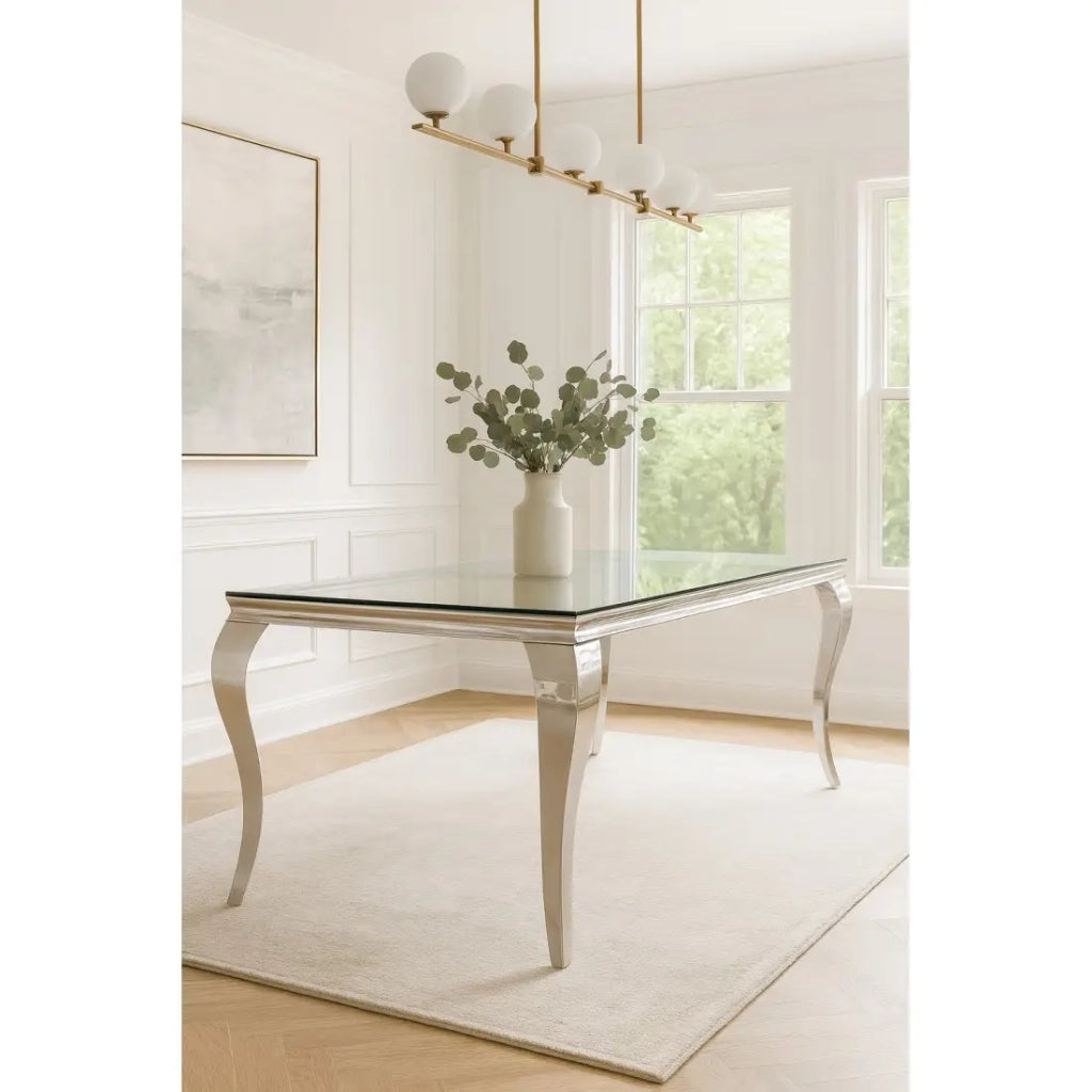 Tavolo da pranzo VELENA – Rettangolare 200 cm – Vetro temperato e acciaio argentato – Stile barocco chic
